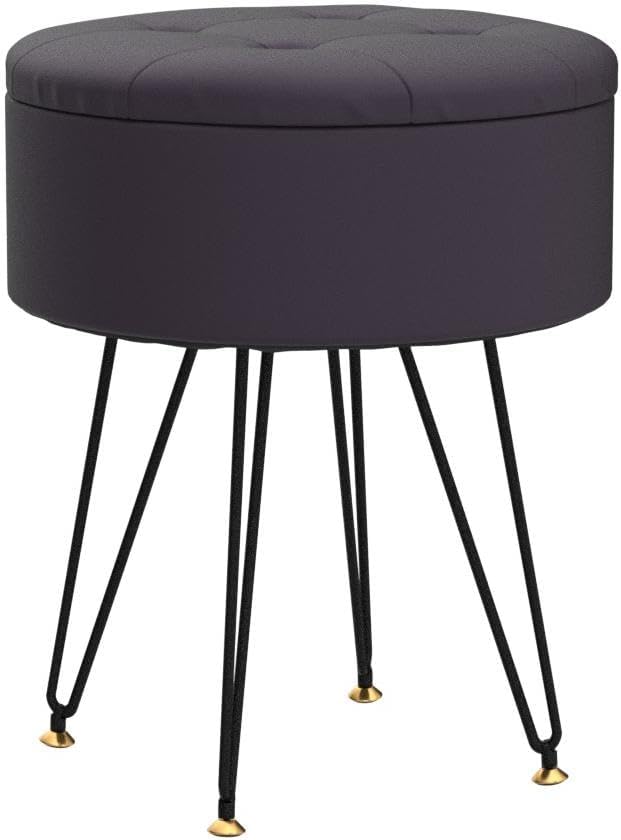 Cpintltr Faux Leather Storage Ottoman Round Footrest Stool Multifunctional Upholstered Ottoman with Metal Legs Modern Vanity Stools Tray Top Coffee Table Suitable for Living Room Bedroom Black