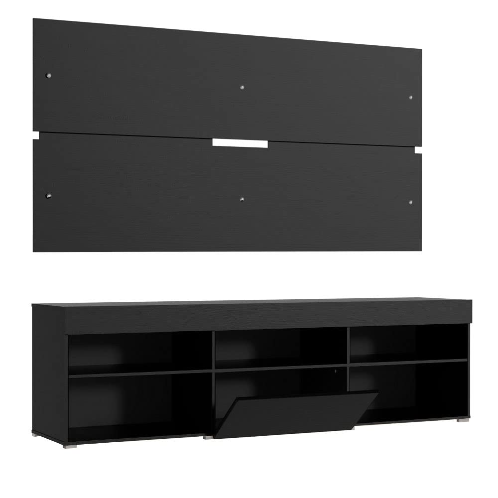 MADESA TV Stand with panel, for TVs up to 65 Inches, Wood, 180 x 157 x 40 Cm – Black