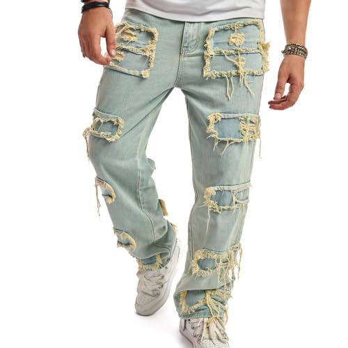 WEIBUMAOYI Men's Loose Fit Pants Relaxed-Fit Men Jeans Washed Oversize Straight Leg Carpenter Jean