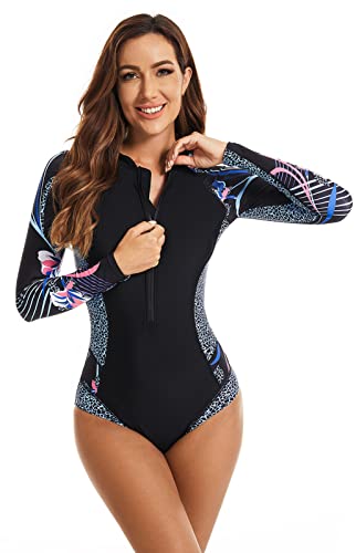 Maeau Women's Long Sleeve Rash Guard UV Protection Zipper Printed Surfing One Piece Swimsuit Bathing Suit