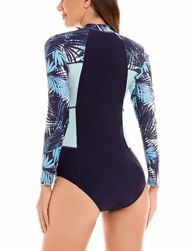 Maeau Women's Long Sleeve Rash Guard UV Protection Zipper Printed Surfing One Piece Swimsuit Bathing Suit