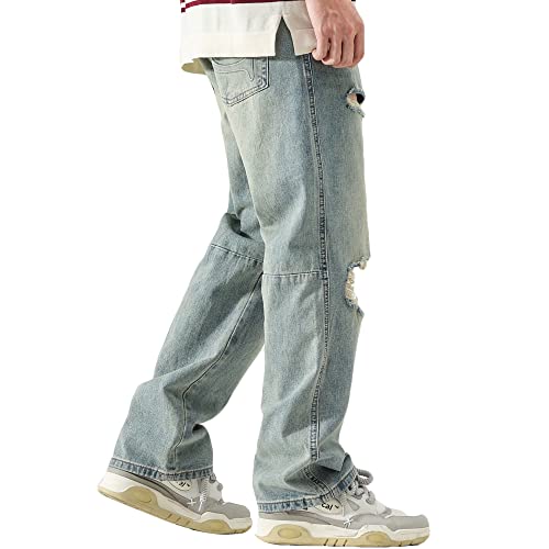 DOSLAVIDA Men's Baggy Jeans Loose Fit Ripped Distressed Jean Relaxed Skateboard Denim Pants with Holes