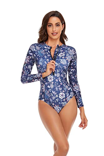 Women One Piece Swimsuit Printed Zipper Slim Long Sleeve Swimwear Bathing Suit