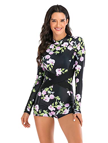 Maeau Women's Long Sleeve Rash Guard UV Protection Zipper Printed Surfing One Piece Swimsuit Bathing Suit