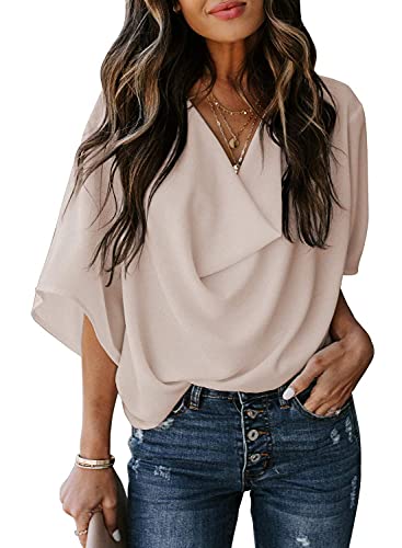 Womens Summer Short Sleeve Blouses Tops V Neckline Casual Chiffon Shirts and Tops Loose Fit Tunic T-Shirt Office Work Shirts for Women Ladies