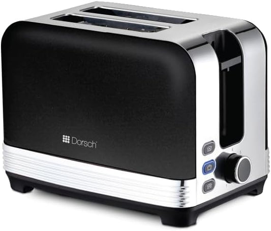 Dorsch TS-90 Bread Toaster - Defrost Function, 2-Slice Capacity, Crumb Collector Tray - Dual Slots, Controlled Toasting, 780-930W Power - Black & Silver, 2-Year Guarantee