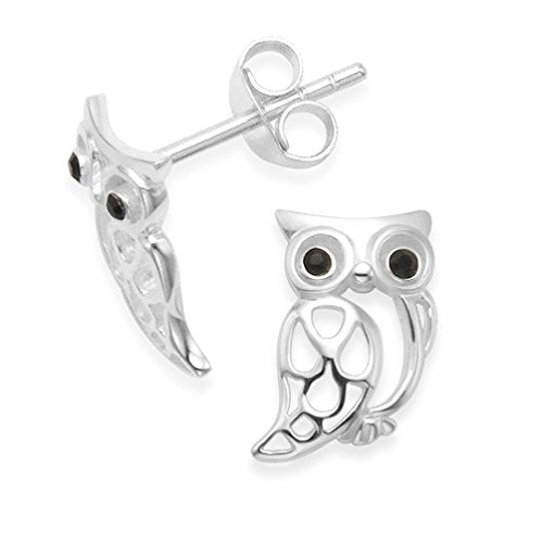 Heather Needham Sterling Silver Owl Earrings with black Cubic Zirconia eyes - SIZE: 10mm. Gift Boxed. 5239/HNbox, Sterling Silver, Cubic Zirconia