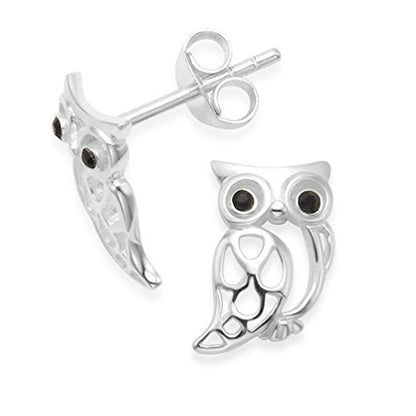 Heather Needham Sterling Silver Owl Earrings with black Cubic Zirconia eyes - SIZE: 10mm. Gift Boxed. 5239/HNbox, Sterling Silver, Cubic Zirconia