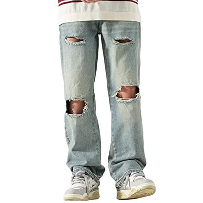 DOSLAVIDA Men's Baggy Jeans Loose Fit Ripped Distressed Jean Relaxed Skateboard Denim Pants with Holes