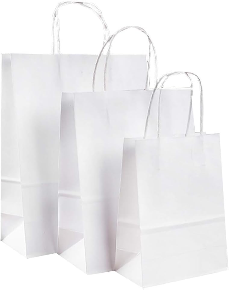 Showay Kraft Paper Bags - 48Pcs Craft Gift With Sturdy Handles Great For Shopping,Party,Gift,Birthday,Wedding,Party Celebration,Lunch,Merchandise And Retails (White, 21 * 15 * 8 Cm)