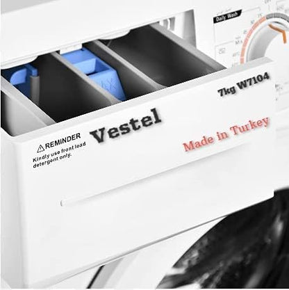 Vestel Made in Turkey 7KG Washing Machine, 1000 RPM, ESMA Certified, A++ Energy, 20 Programmes, LED screen, Giant & Full openning Door (180 degree openning), 5 Years Motor Warranty (W7104)