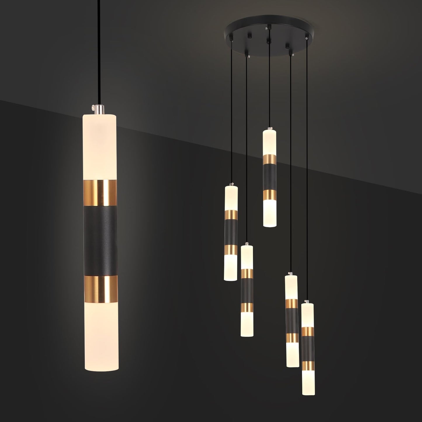 YT YATAI LIGHTING LED Pendant Light Ceiling 3 Heads,Dining Room Table Pendant Light,Black Gold Modern Cylinder Shape Pendant Lamp,Adjustable Color Temperature Acrylic Hanging Light(18W,3-Lights)