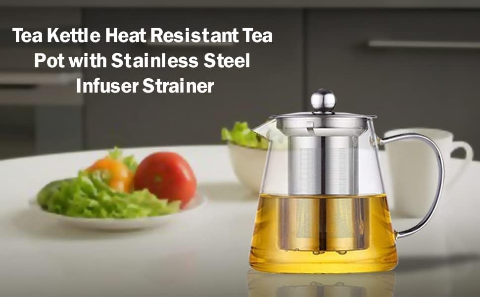 BMG Import Export Heat Resistant Proof Clear Glass Kettle Stove Top Safe Blooming and Loose Tea Pot with Stainless Steel Infuser and Lid, 800 ml