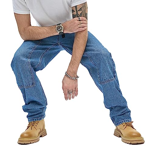 WEIBUMAOYI Men's Loose Fit Pants Relaxed-Fit Men Jeans Washed Oversize Straight Leg Carpenter Jean