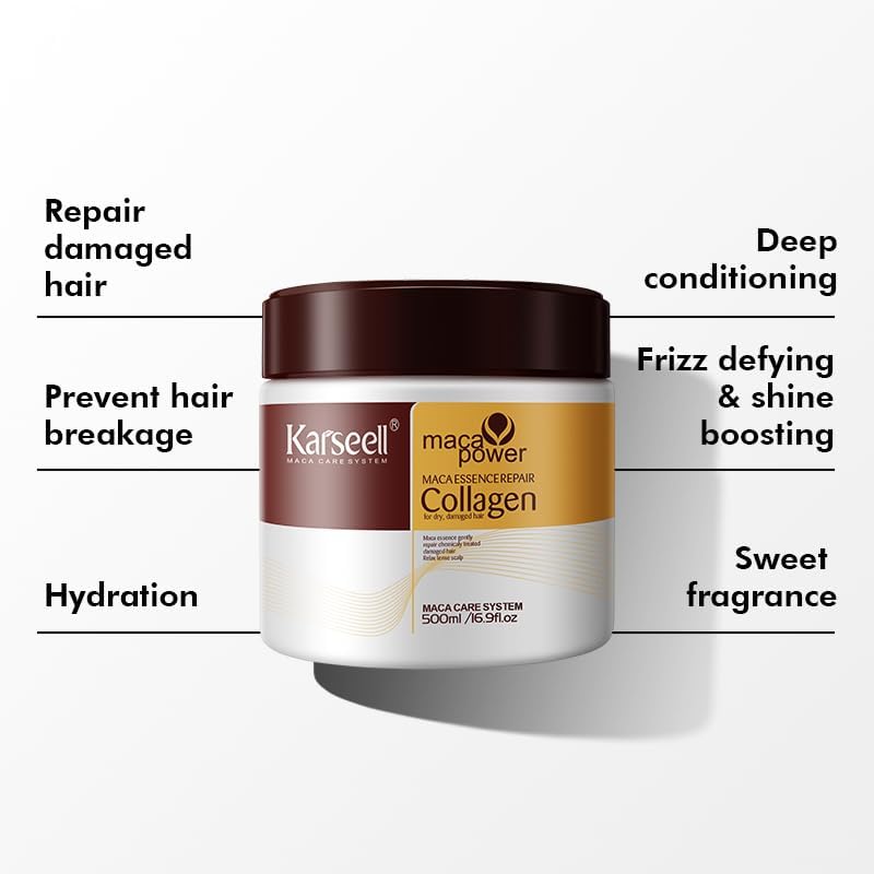 Karseell Collagen Maca Hair Treatment Deep Repair Conditioning Hair Mask Argan Oil Coconut Oil Essence for Dry Damaged Hair All Hair Types 16.90 Fl oz 500ml