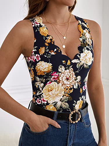 GORGLITTER Women's Floral Print V Neck Scallop Trim Sleeveless Tank Top Blouse