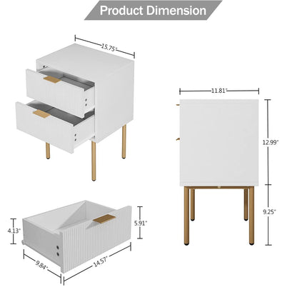 Aobafuir Nightstand, 2 Drawer Dresser for Bedroom, Small Side Table with 2 Drawers, Bedside Furniture, Night Stand, End Table with Gold Frame for Bedroom, Living Room, White Stripe