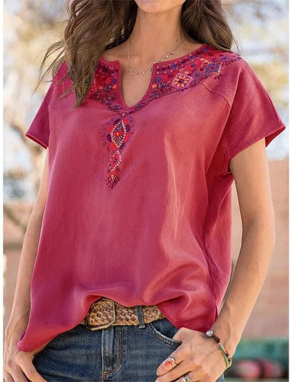 Womens Embroidered Top Blouses Casual Peasant Shirts Short Sleeve Floral Printed Bohemian Tshirts