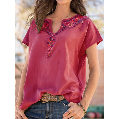 Womens Embroidered Top Blouses Casual Peasant Shirts Short Sleeve Floral Printed Bohemian Tshirts