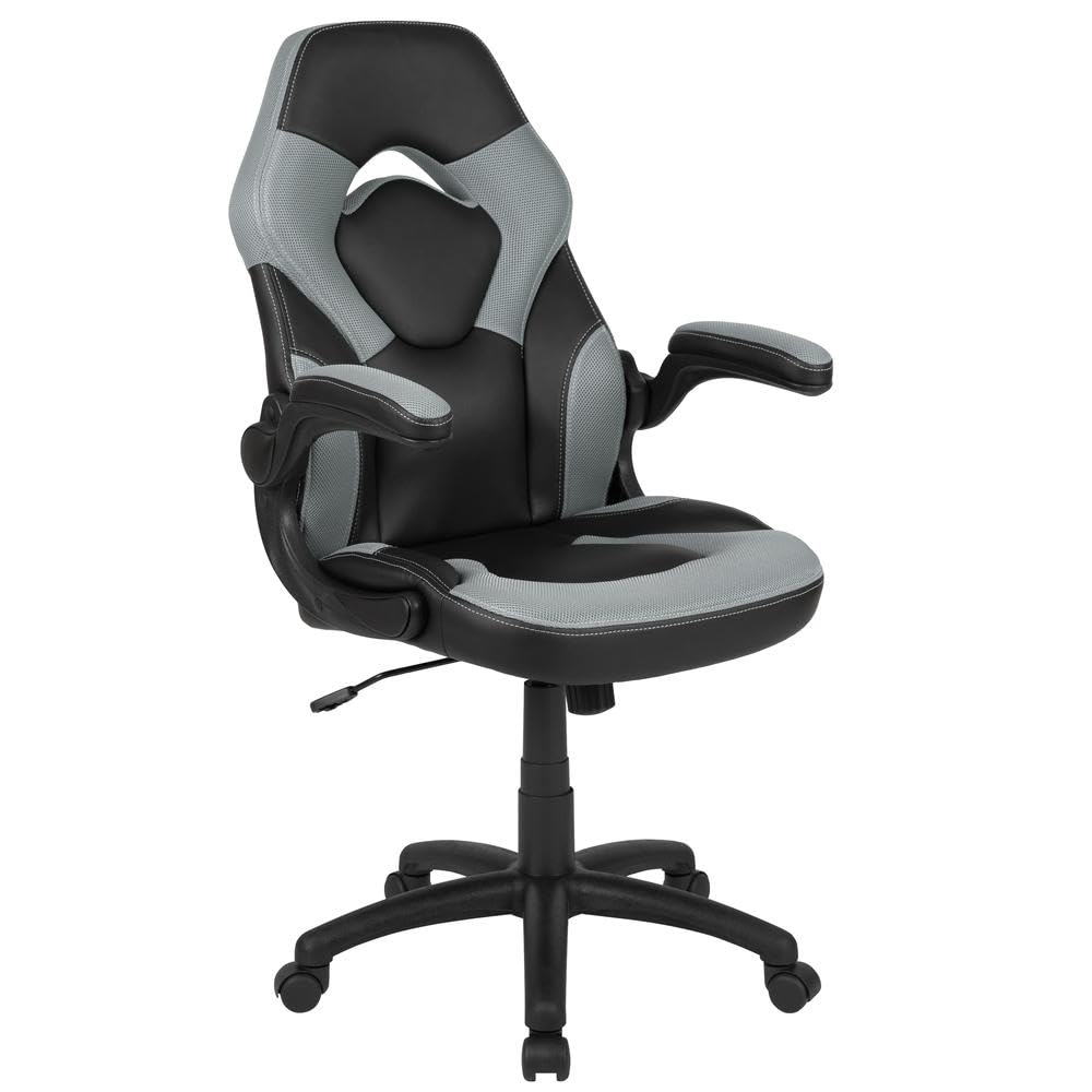 Flash Furniture X10 Gaming, Racing Office Ergonomic Computer PC Adjustable Swivel Chair with Flip-up Arms, Gray/Black LeatherSoft