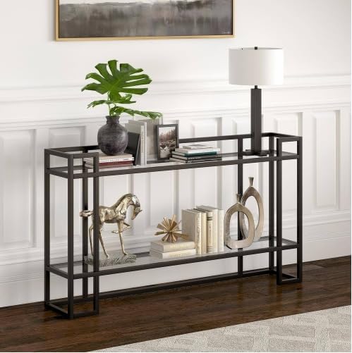 HOMETASTE Glass Console Table Metal Console Table with Dual Clear Glass Shelve Entryway Table Narrow Modern Console Table TV Stand Dressing Table Stand Modern Hallway Table (Golden)