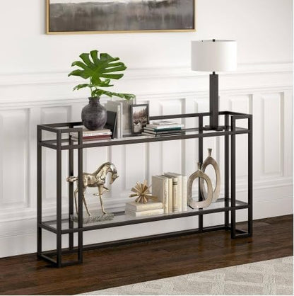 HOMETASTE Glass Console Table Metal Console Table with Dual Clear Glass Shelve Entryway Table Narrow Modern Console Table TV Stand Dressing Table Stand Modern Hallway Table (Golden)