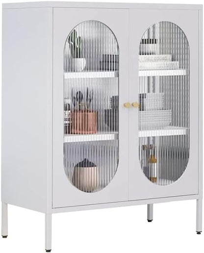 LINGZOE Metal Locker Cabinet with 2 Glass Door,Buffet Sideboard Cabinet with Storage,White Accent Cabinet for for Kitchen, Living Room, Entryway