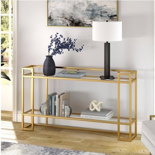 HOMETASTE Glass Console Table Metal Console Table with Dual Clear Glass Shelve Entryway Table Narrow Modern Console Table TV Stand Dressing Table Stand Modern Hallway Table (Golden)