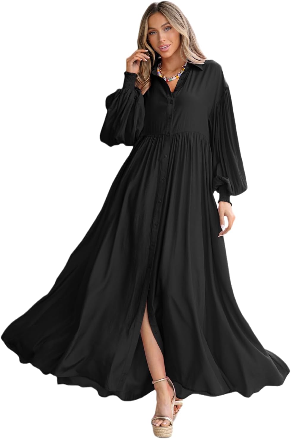 Women's Maxi Shirt Dress Button Down Long Sleeve Casual Flowy A-line Long Dress