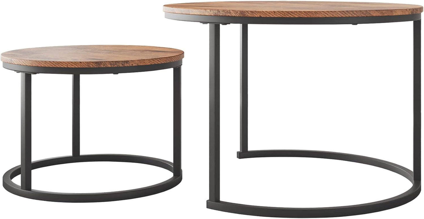 FOUBAM Round Coffee Tables for Living Room Furniture Wood Nesting Coffee Table Set of 2 Stacking Side Tea Table for Small Spaces Balcony Office, Stable Metal Frame,Easy Assembly(Black+Natural Oak)