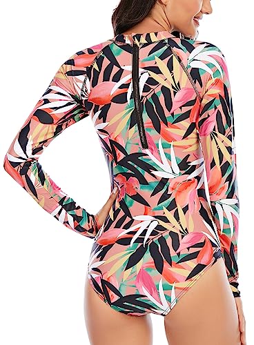 Maeau Women's Long Sleeve Rash Guard UV Protection Zipper Printed Surfing One Piece Swimsuit Bathing Suit