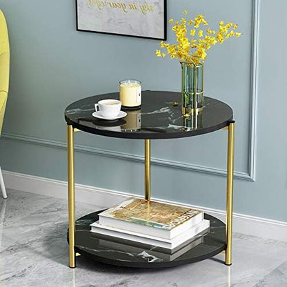 Coffee Tables for Living Room, Double-Layered Square End Side Tables Sofa Table, Modern Marble Nesting Table with Metal Frame Legs Set of 2 (White+square+Golden frame)