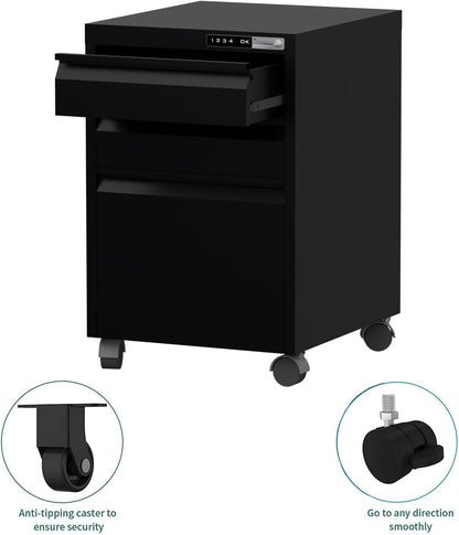 Mahmayi OEM File Cabinet with Touch Screen Digital Lock, Portable Cabinet with 3 Storage Drawer, Vertical File Cabinet, Caster Wheels Ideal for Office - Black