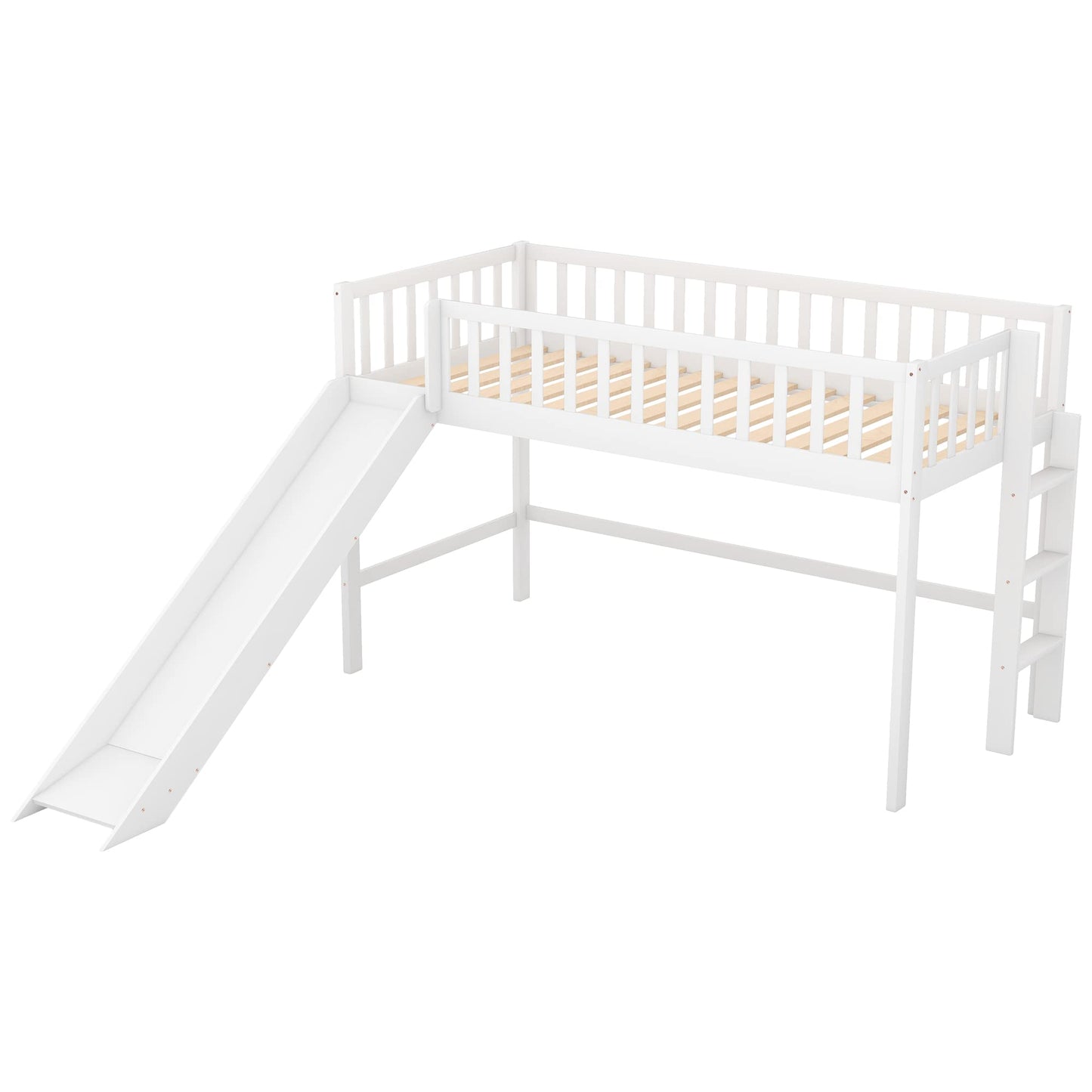 Lostcat Twin Over Twin Low Bunk Bed, House Bed for Kids, House-Shaped Solid Pine Wood Bed Frame w/Safety Guardrail & Ladder, No Box Spring Needed, for Girls, Boys - White