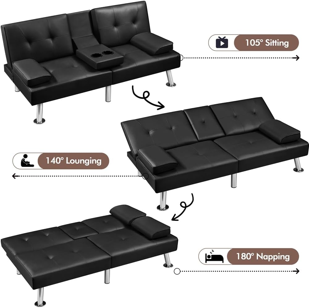 Yaheetech Convertible Sofa Bed Adjustable Couch Sleeper Modern Faux Leather Recliner Reversible Loveseat Folding Daybed Guest Bed, Removable Armrests, Cup Holders, 3 Angles, 772lb Capacity, Black