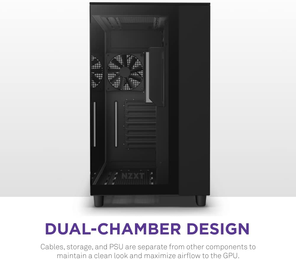 NZXT H9 Flow Dual-Chamber ATX Mid-Tower PC Gaming Case – High-Airflow Perforated Top Panel – Tempered Glass Front & Side Panels – 360mm Radiator Support – Cable Management – Black, CM-H91FB-01