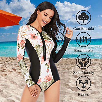 Maeau Women's Long Sleeve Rash Guard UV Protection Zipper Printed Surfing One Piece Swimsuit Bathing Suit