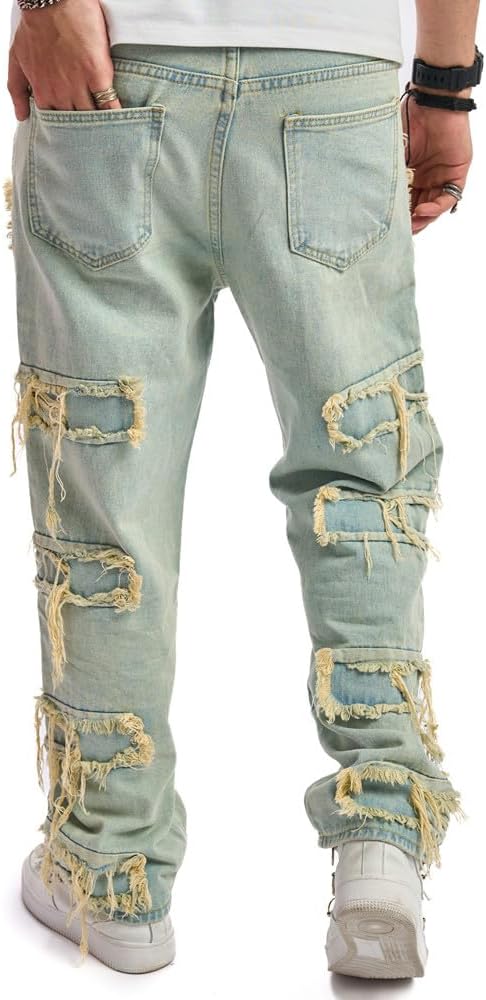 WEIBUMAOYI Men's Loose Fit Pants Relaxed-Fit Men Jeans Washed Oversize Straight Leg Carpenter Jean