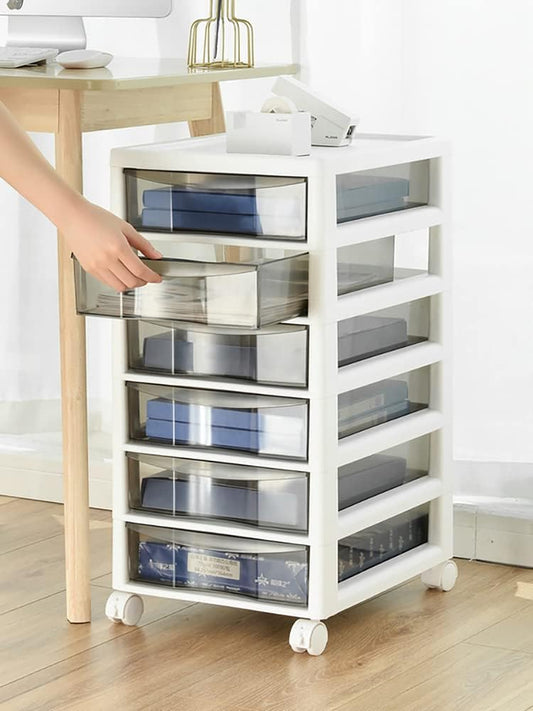 6 Drawers File Cabinet, Floor Storage Cabinet with Wheels, Drawer Cart Storage Organizer Dustproof Storage Containers Shelf Box for Home Office School, Plastic- White- 10.5 x 12.6 x 25 inch