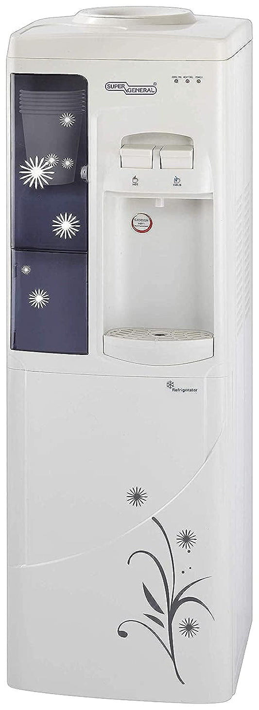 Super General Hot and Cold Water Dispenser, Water-Cooler with Cooling Cabinet and Cup-Holder, Instant-Hot-Water, 2 Taps, SGL-1191, White/Grey, 31.2 x 32.5 x 96 cm, 1 Year Warranty