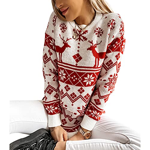 Women Sweater Christmas Oversized Pullover Sweaters Reindeer Snowflake Graphic Long Sleeve Crew Neck Knit Tops