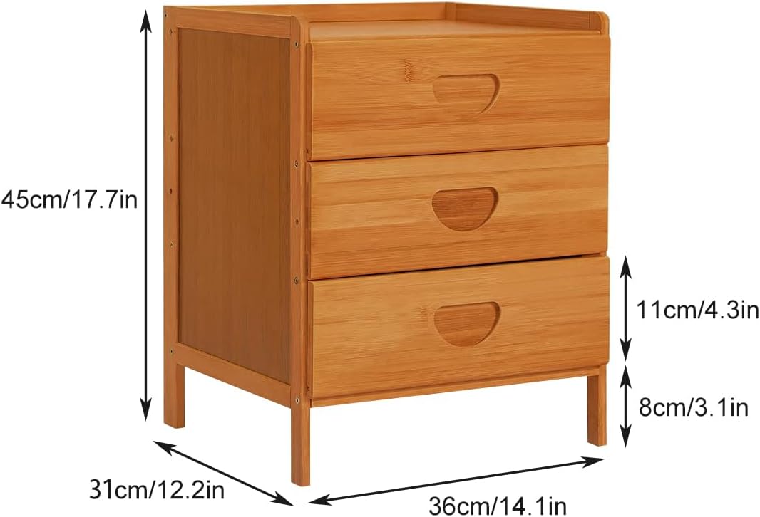 Solerconm Nightstand,Nightstand with 3 Drawers, Bamboo Bedside Table Storage Sofa Side Stand Cabinet for Bedroom Living Room Dormitory(Retro, Three Drawers)