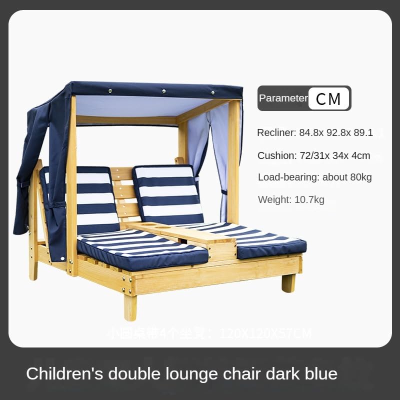 Wooden Outdoor Double Chaise Lounge can withstand 80 kg, Kid's Patio Furniture with Cup Holders, Double recliner for children with Honey Navy and White Striped Fabric (Blue,84.8*92.8*89.1cm,10.7kg)