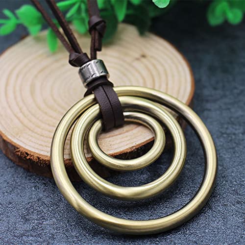 JczR.Y Leather Necklace for Men Double Circle Rings Leather Rope Pendant Necklace Punk Leather Chain Disc Ring Necklace Vintage Jewelry Gift