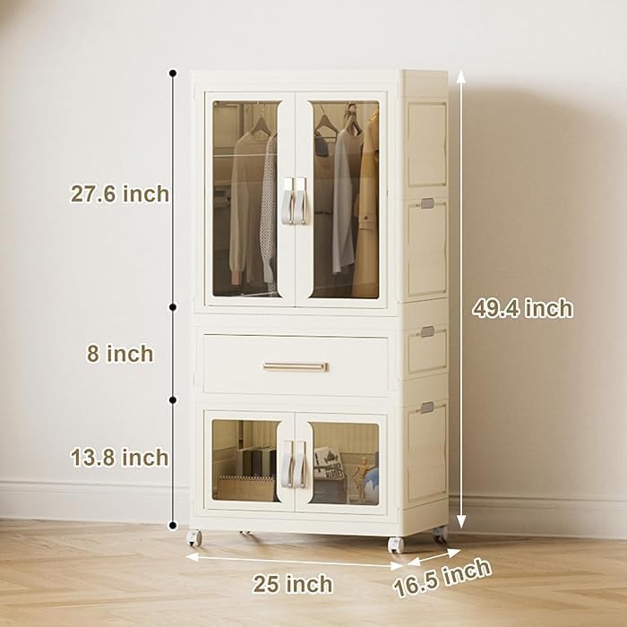 ECVV Portable Kids Wardrobe Closet with Wheels |54 * 34 * 112 Cm| Plastic Baby Wardrobe Storage Cabinet with Hanging Rod Children's Clothes Closet Costume Storage Organizer White