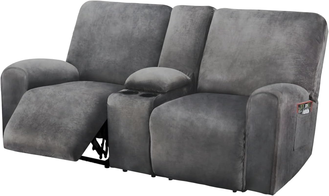 ULTICOR Reclining Loveseat with Middle Console Slipcover, 8-Piece Velvet Stretch Loveseat Reclining Sofa Covers, 2 seat Loveseat Recliner Cover, Thick, Soft, Washable, Loveseat Slipcovers (Dark Grey)