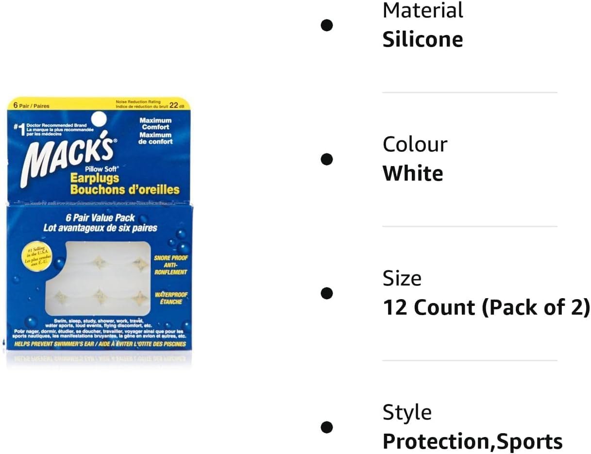 Mack's Pillow Soft Silicone Earplugs 6 Pairs,12 Count (Pack of 1)