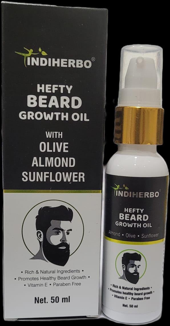 INDIHERBO Hefty Beard Growth Oil 50 ml With Olive Almond Sunflower, Best Beard Oil For Men