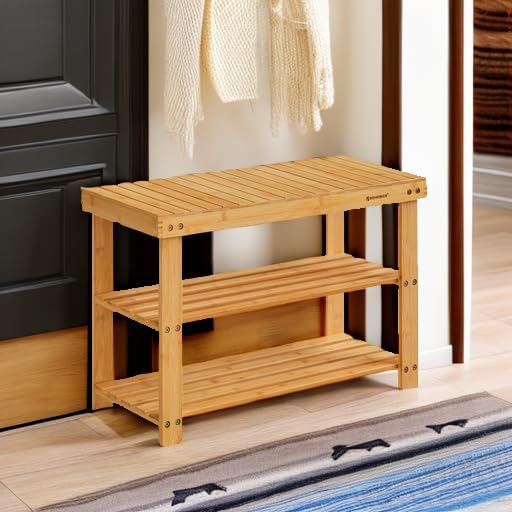 SONGMICS Shoe Rack Bench, 3-Tier Bamboo Shoe Storage Organizer, Entryway Bench, Holds Up to 286 lb, for Entryway Bathroom Bedroom, Natural ULBS04N