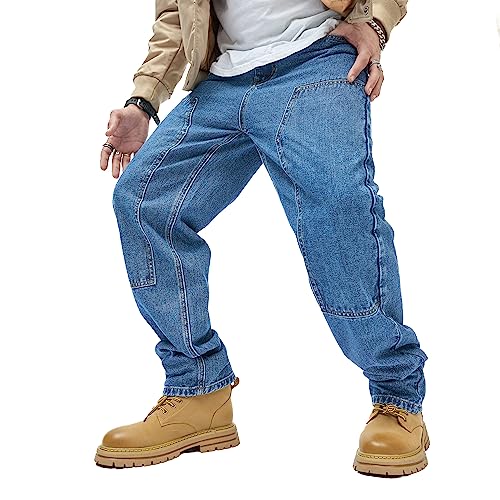 WEIBUMAOYI Men's Loose Fit Pants Relaxed-Fit Men Jeans Washed Oversize Straight Leg Carpenter Jean